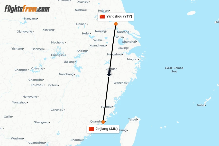 Flights from Yangzhou to Jinjiang route map