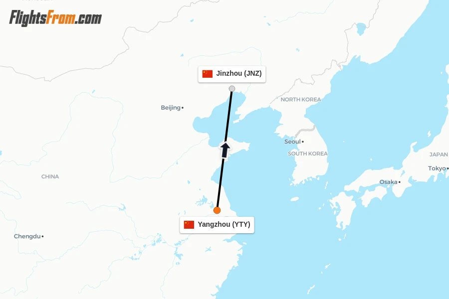 Flights from Yangzhou to Jinzhou route map