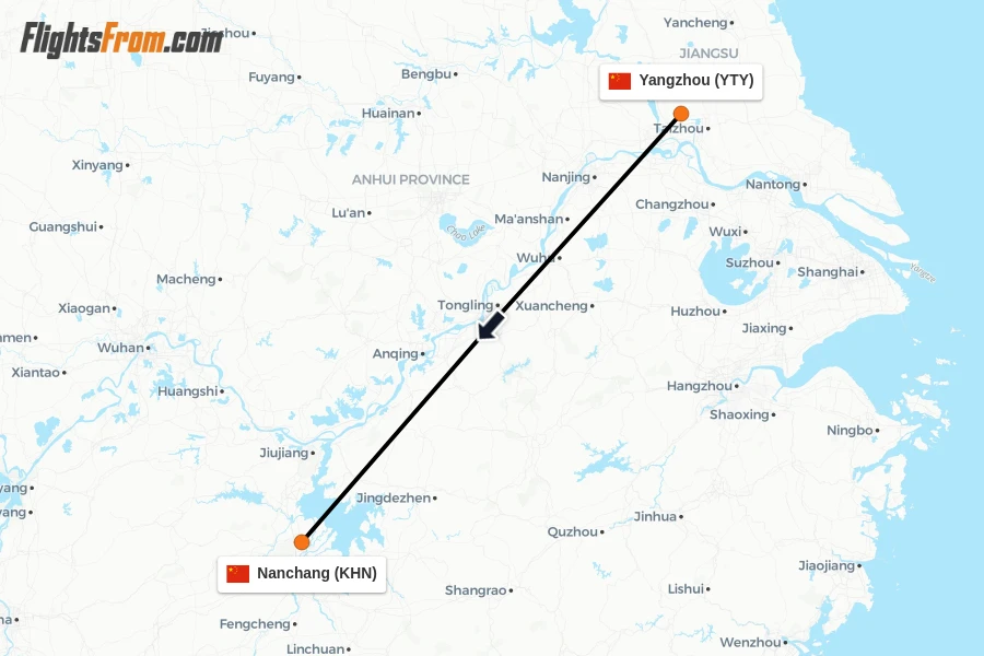 Flights from Yangzhou to Nanchang route map