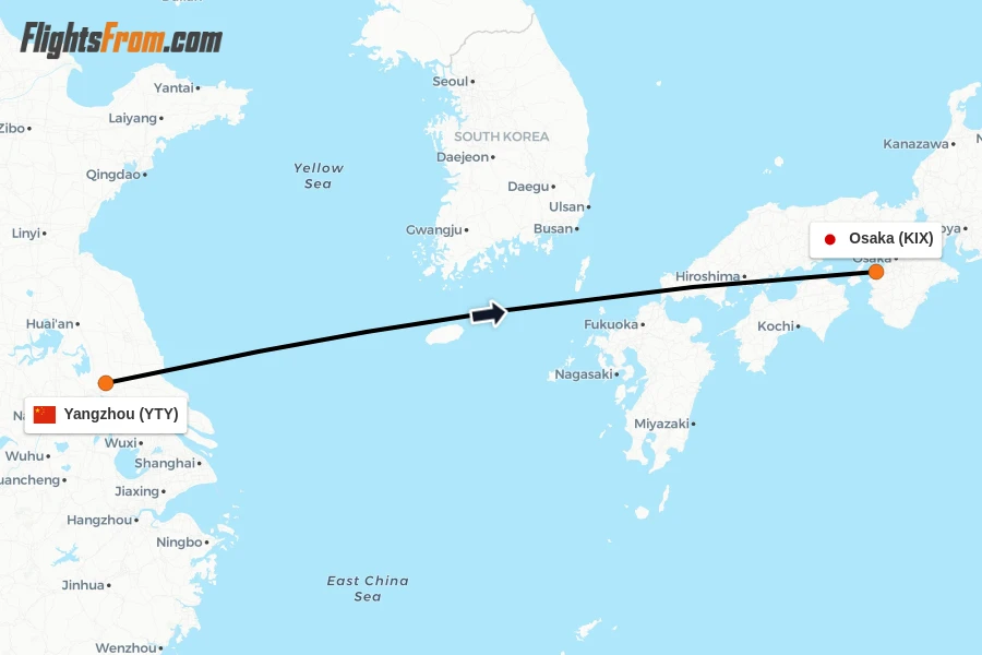 Flights from Yangzhou to Osaka route map