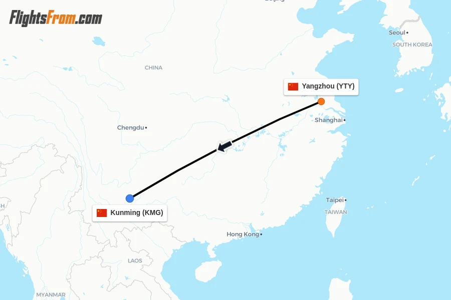 Flights from Yangzhou to Kunming route map