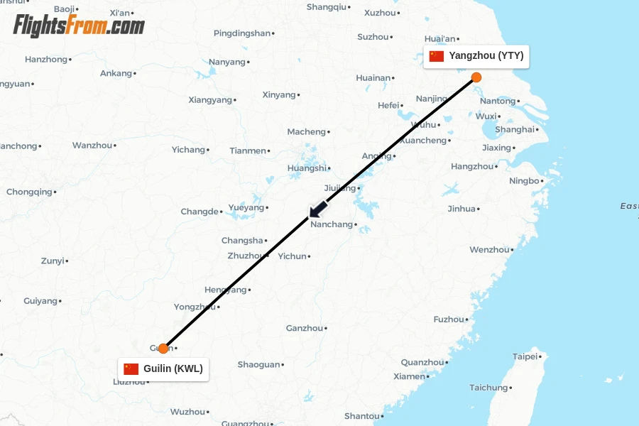 Flights from Yangzhou to Guilin route map