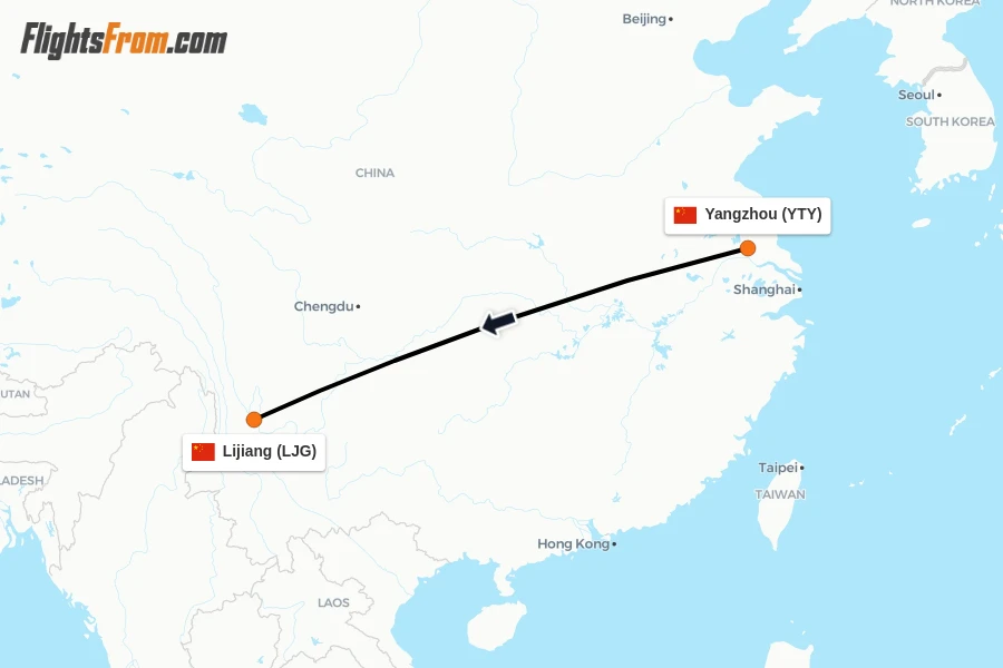 Flights from Yangzhou to Lijiang route map