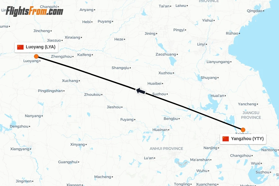 Flights from Yangzhou to Luoyang route map