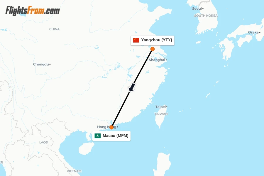 Flights from Yangzhou to Macau route map
