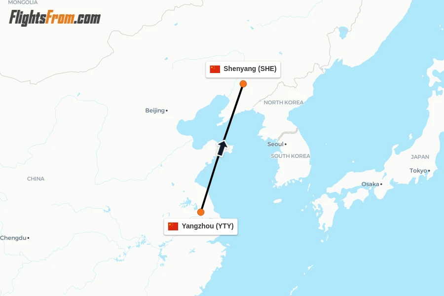 Flights from Yangzhou to Shenyang route map