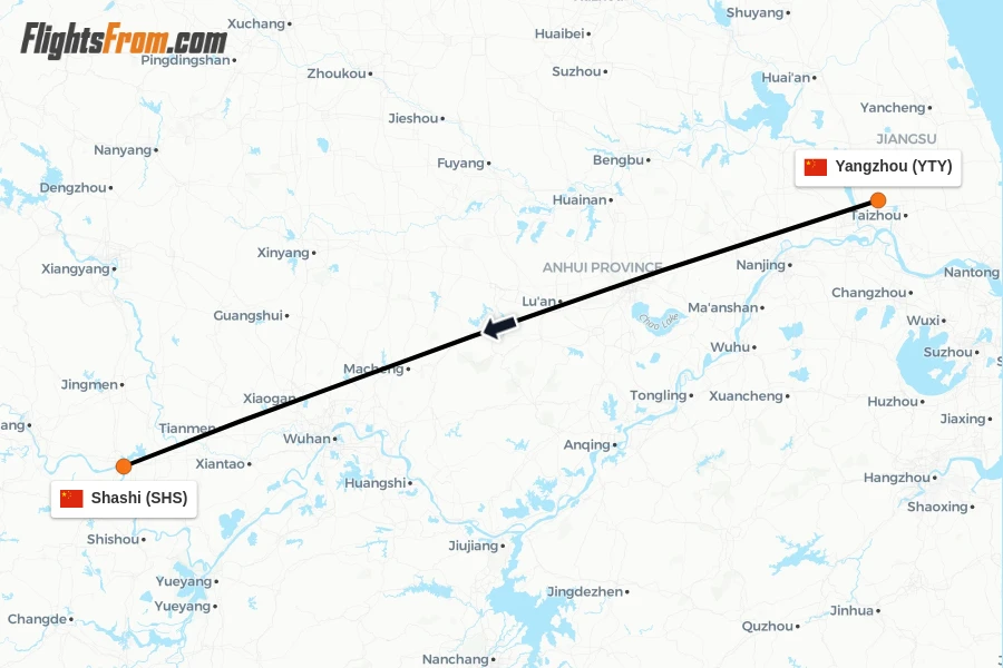 Flights from Yangzhou to Shashi route map