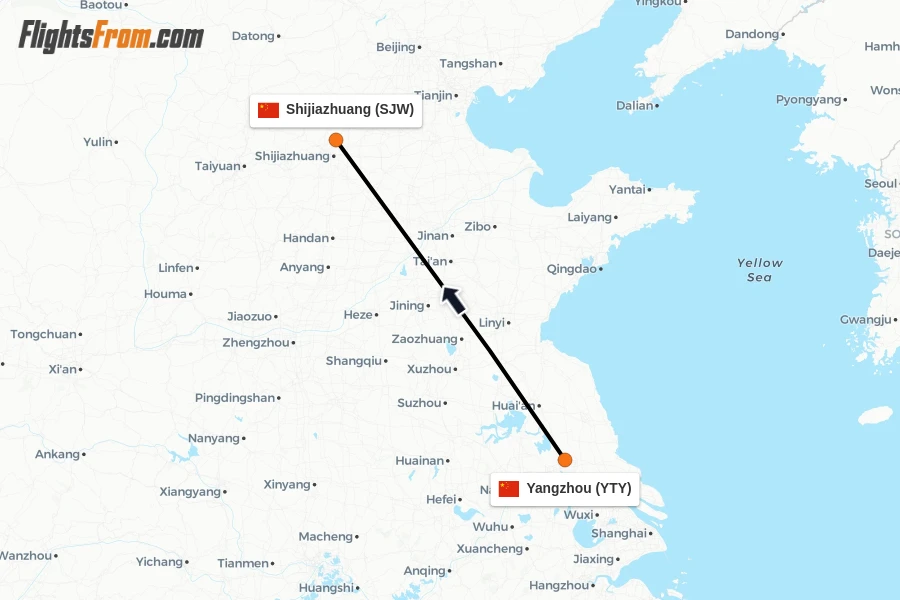 Flights from Yangzhou to Shijiazhuang route map