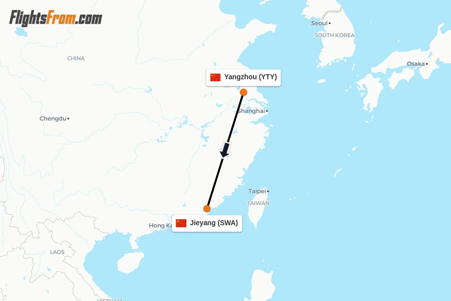 Flights from Yangzhou to Jieyang route map