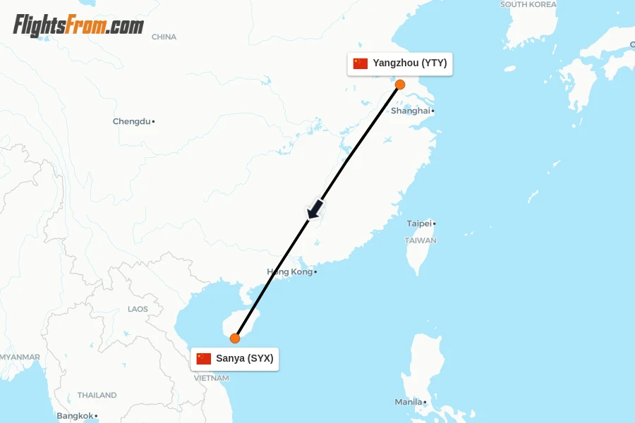 Flights from Yangzhou to Sanya route map