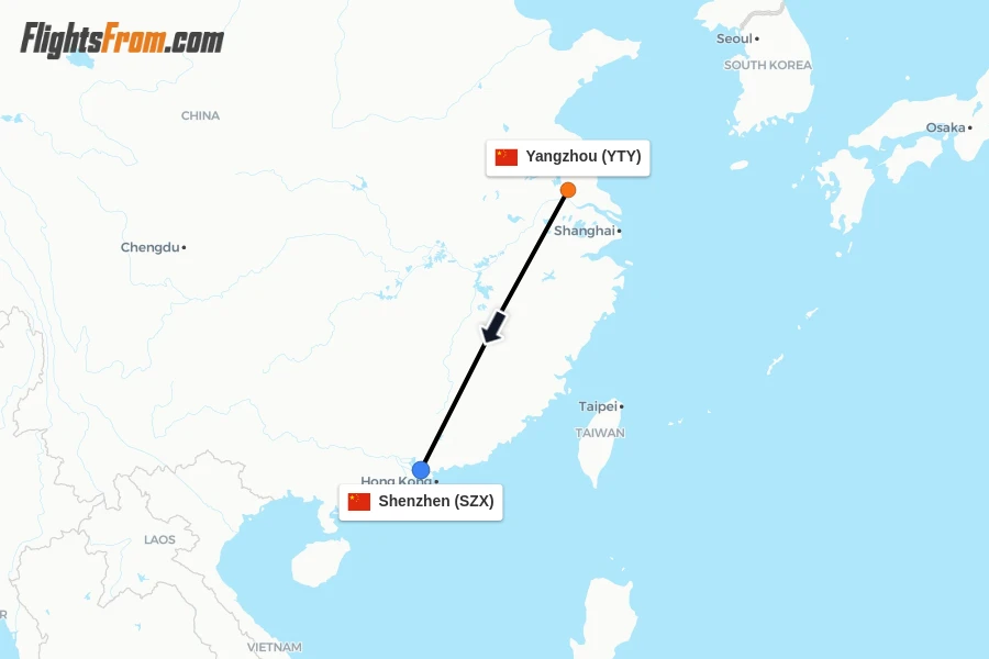 Flights from Yangzhou to Shenzhen route map