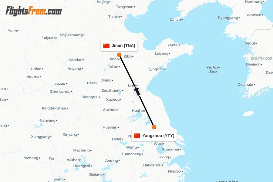 Flights from Yangzhou to Jinan route map