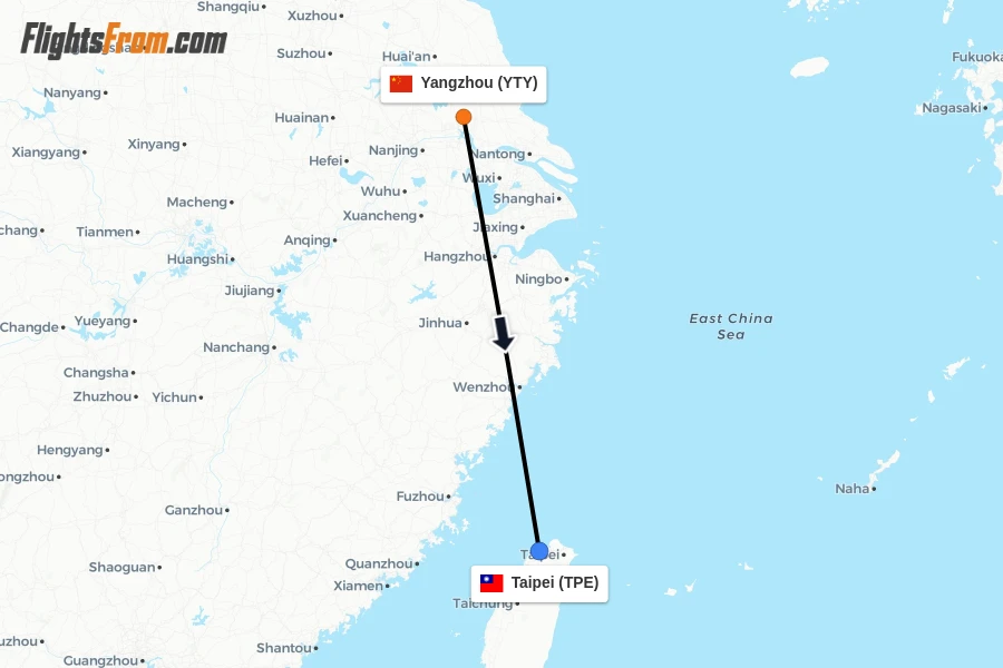 Flights from Yangzhou to Taipei route map