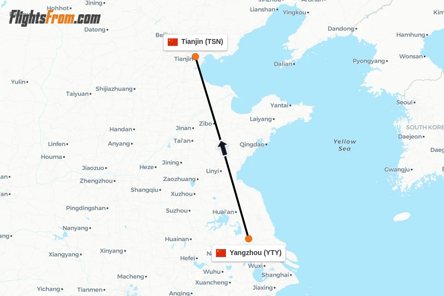 Flights from Yangzhou to Tianjin route map