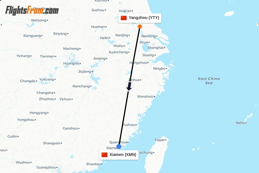 Flights from Yangzhou to Xiamen route map
