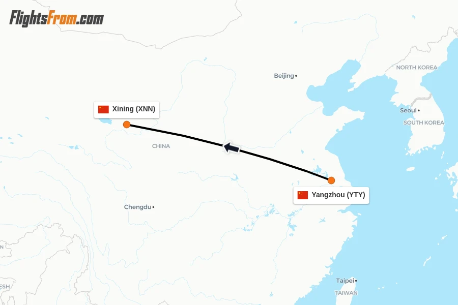 Flights from Yangzhou to Xining route map