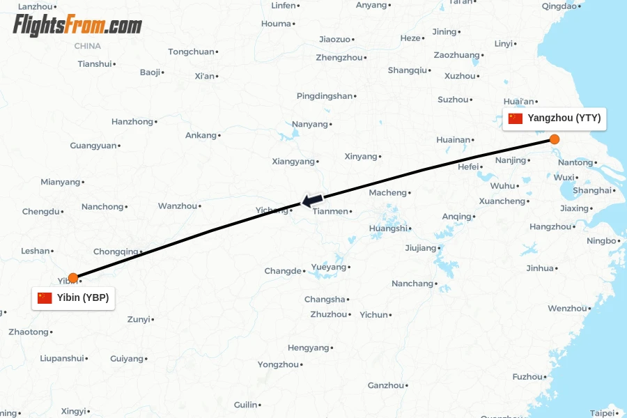 Flights from Yangzhou to Yibin route map