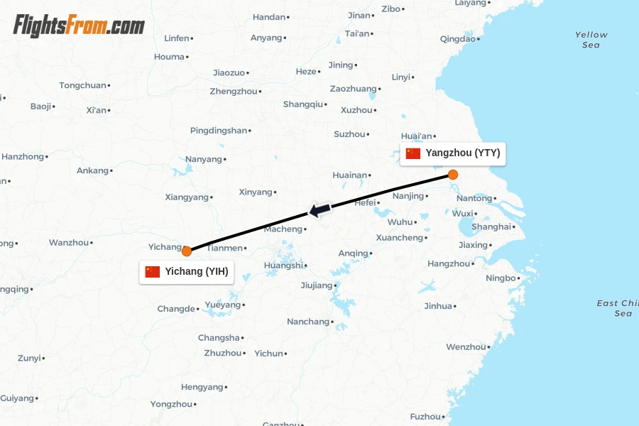 Flights from Yangzhou to Yichang route map