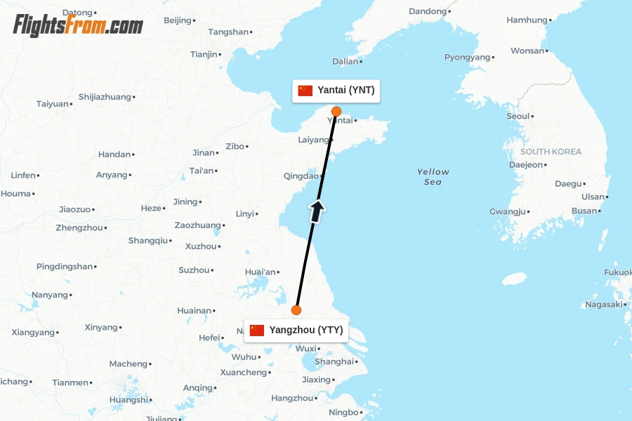 Flights from Yangzhou to Yantai route map