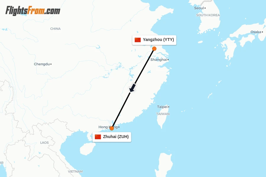 Flights from Yangzhou to Zhuhai route map