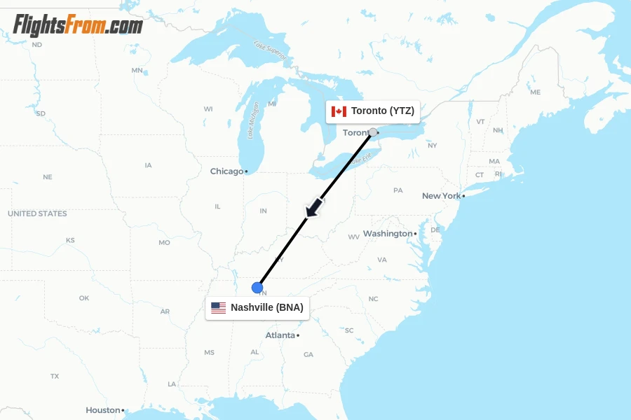 Flights from Toronto to Nashville route map