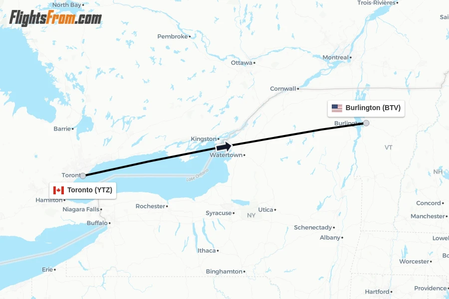 Flights from Toronto to Burlington route map