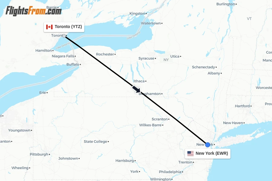 Flights from Toronto to New York route map