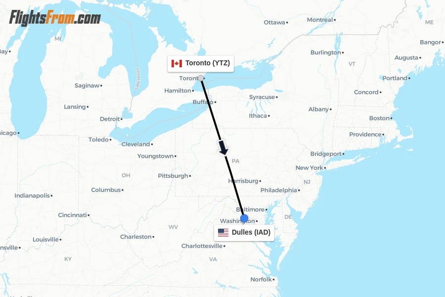 Flights from Toronto to Dulles route map