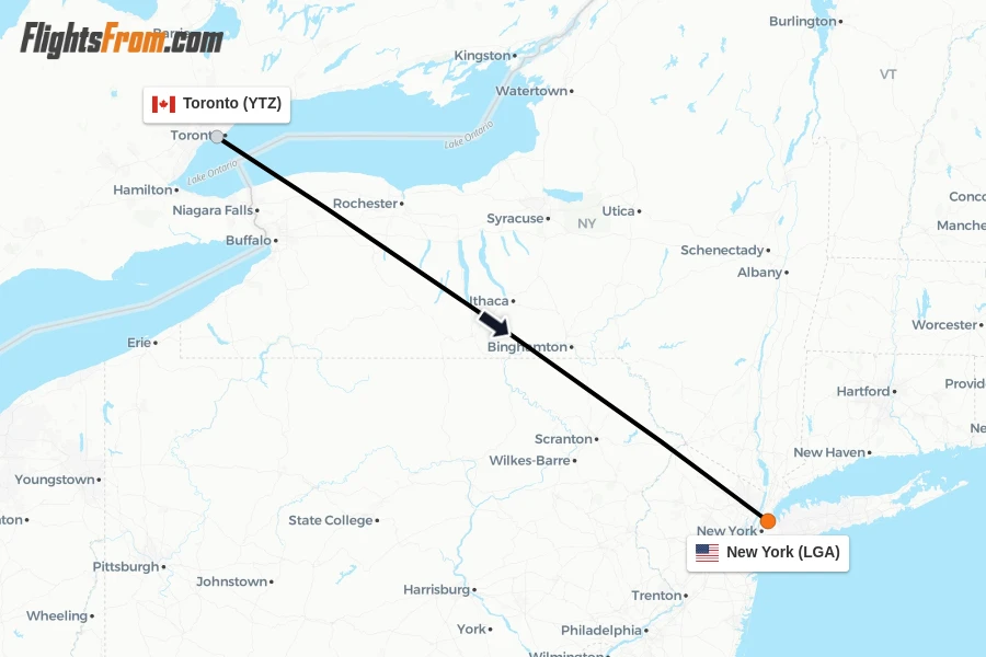 Flights from Toronto to New York route map
