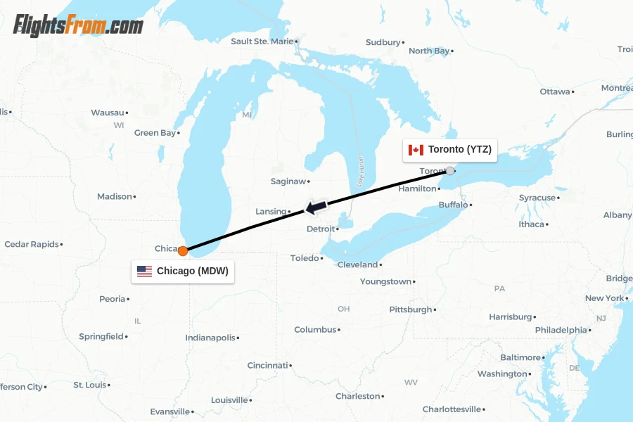 Flights from Toronto to Chicago route map
