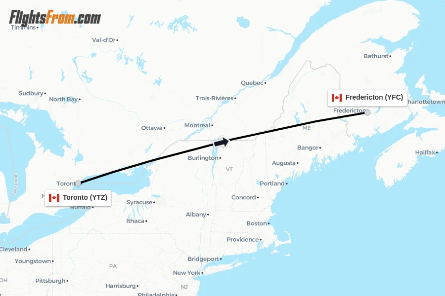 Flights from Toronto to Fredericton route map