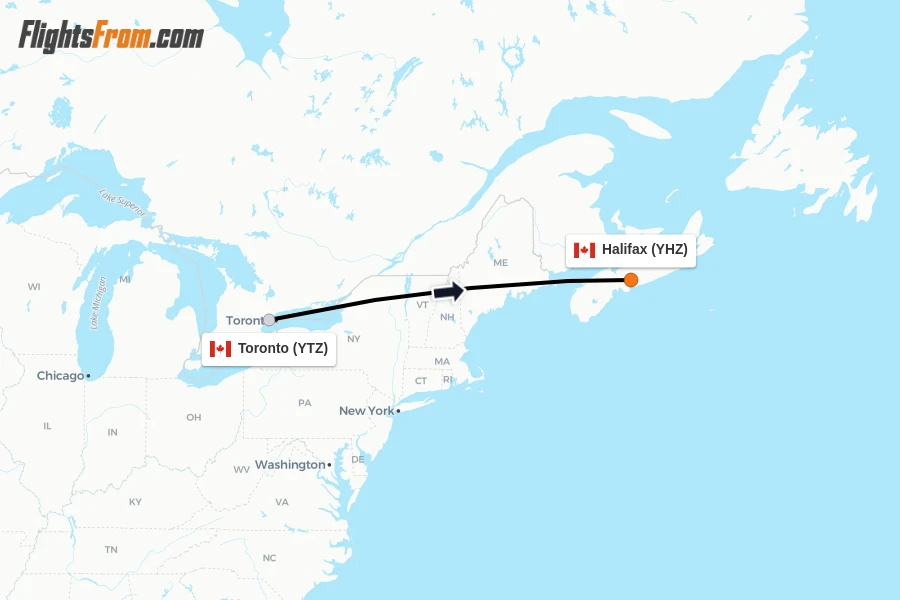 Flights from Toronto to Halifax route map