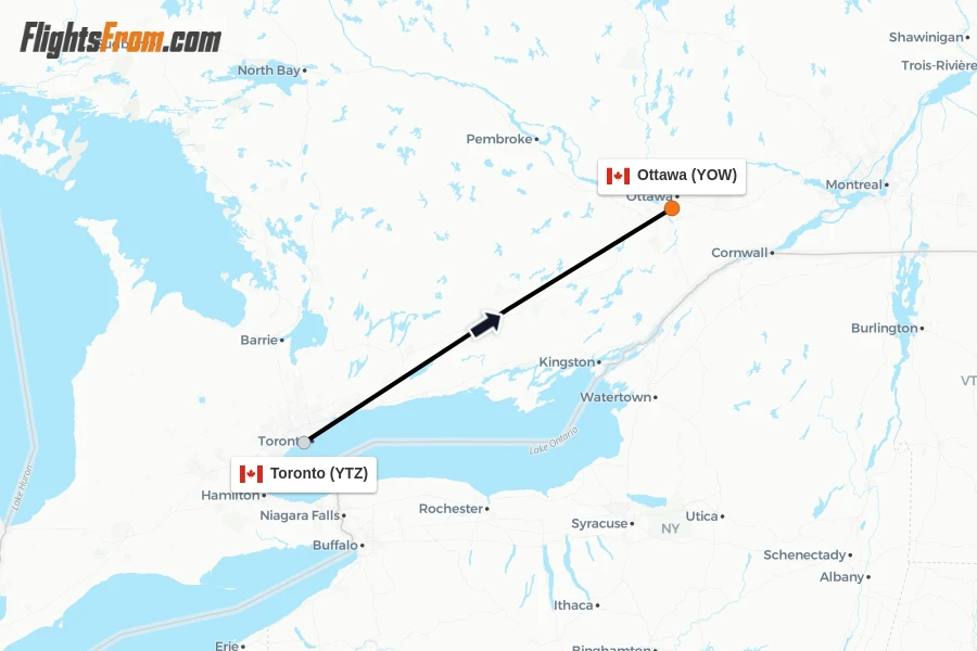 Flights from Toronto to Ottawa route map
