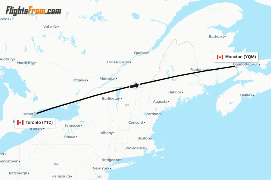 Flights from Toronto to Moncton route map