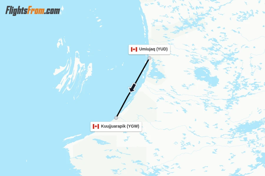 Flights from Umiujaq to Kuujjuarapik route map
