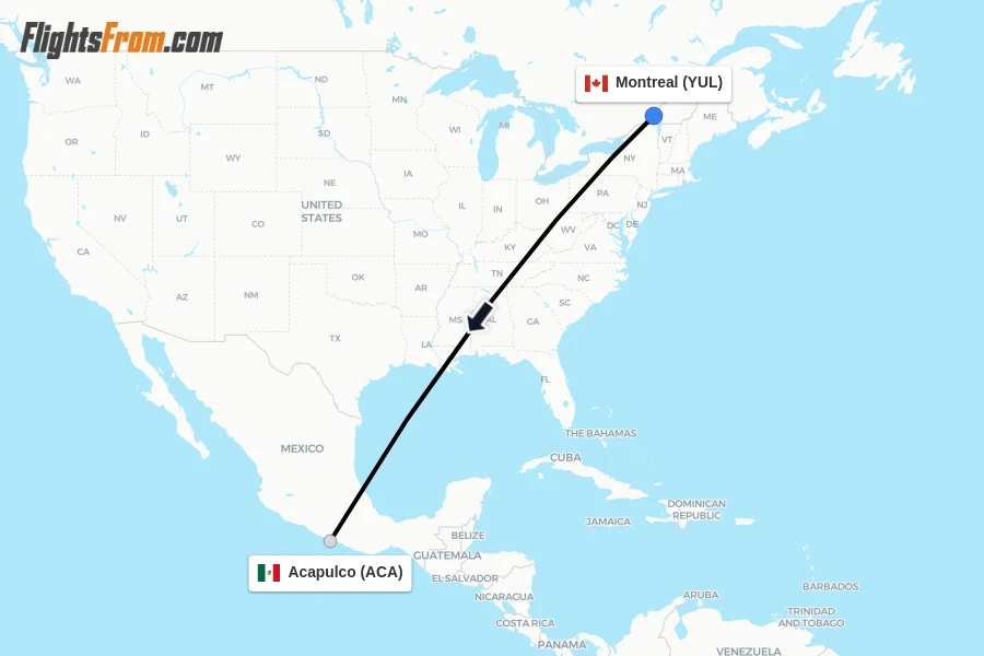 Flights from Montreal to Acapulco route map
