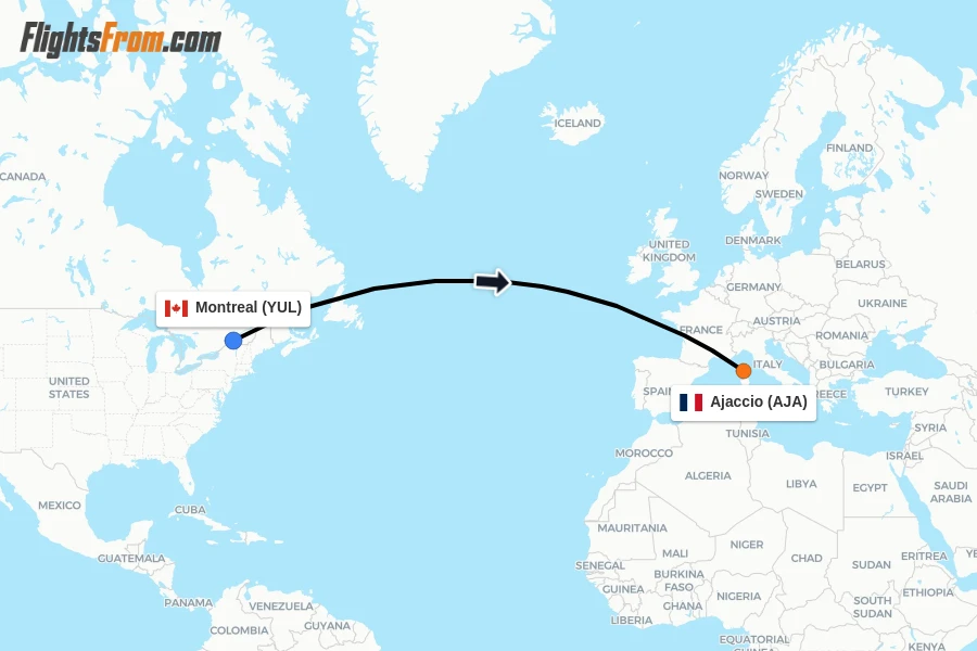 Flights from Montreal to Ajaccio route map