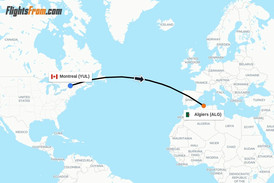 Flights from Montreal to Algiers route map