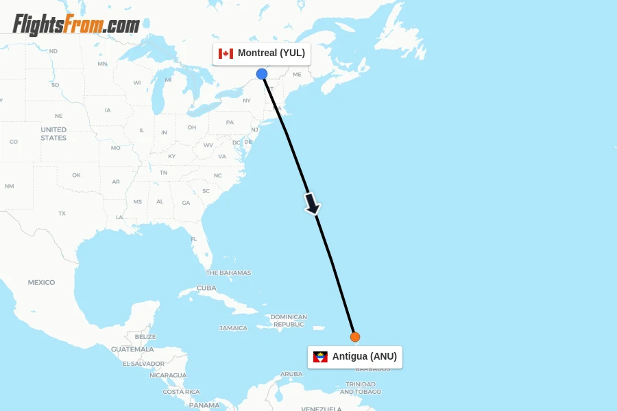 Flights from Montreal to Antigua route map