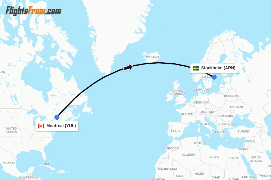 Flights from Montreal to Stockholm route map