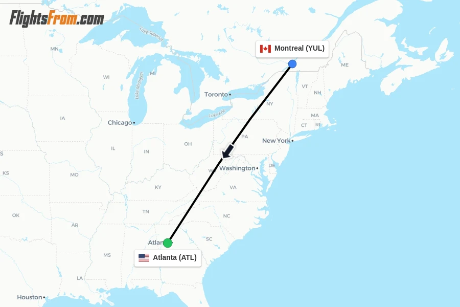 Flights from Montreal to Atlanta route map