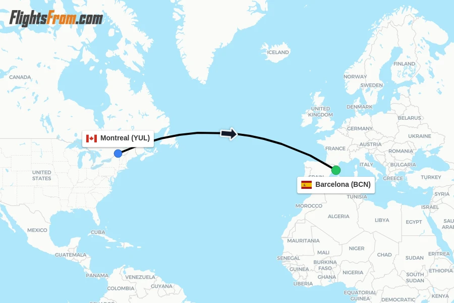 Flights from Montreal to Barcelona route map