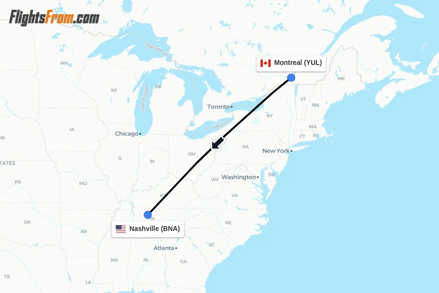 Flights from Montreal to Nashville route map
