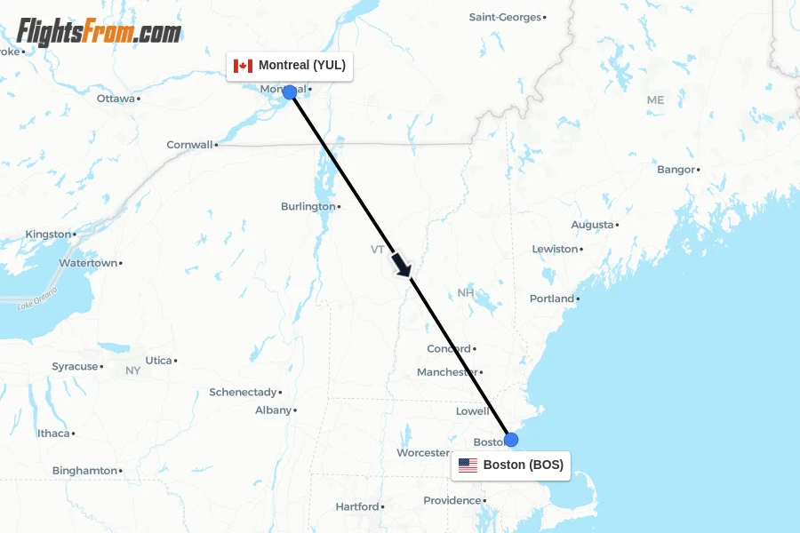 Flights from Montreal to Boston route map