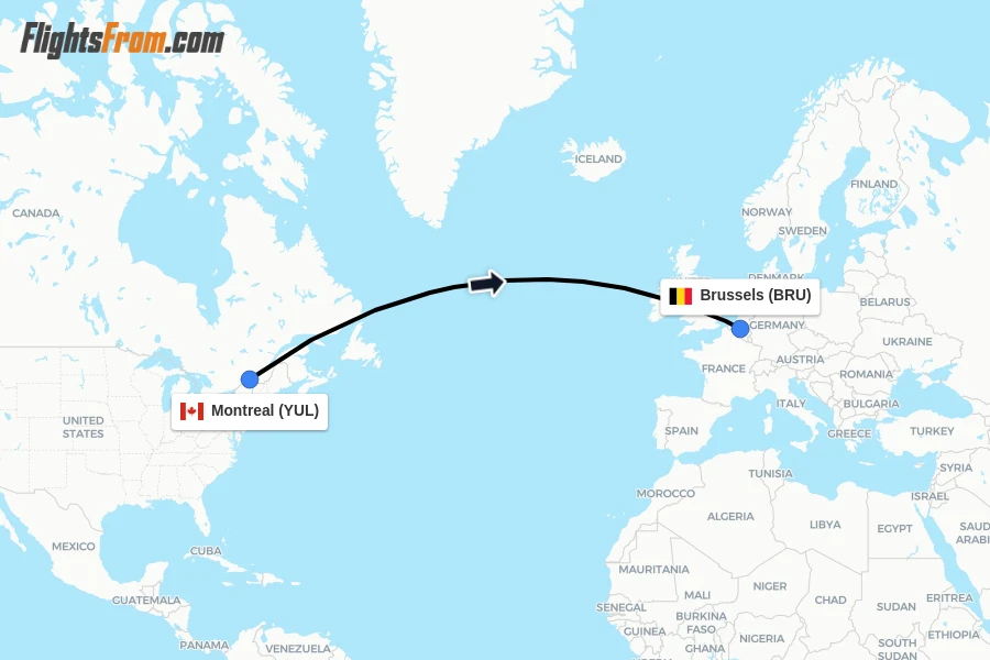 Flights from Montreal to Brussels route map