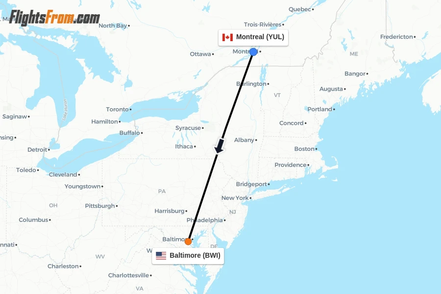 Flights from Montreal to Baltimore route map