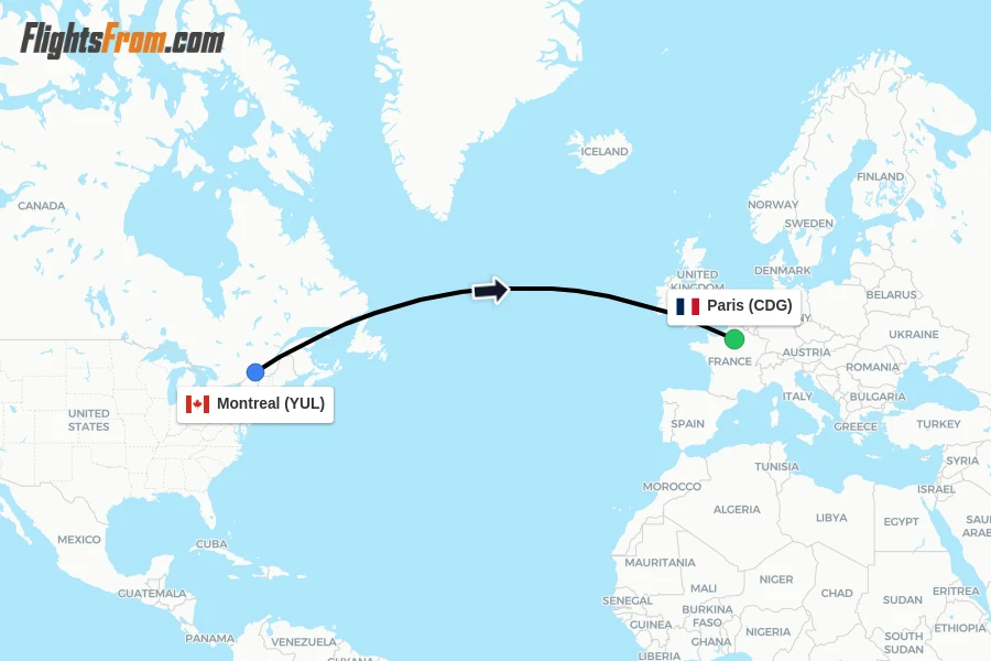 Flights from Montreal to Paris route map