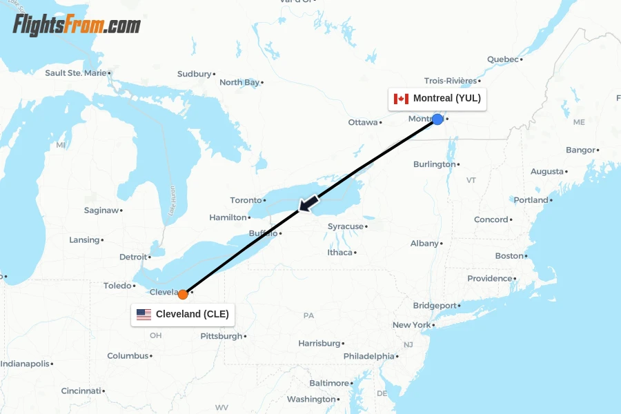 Flights from Montreal to Cleveland route map