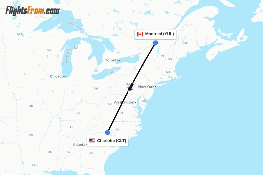 Flights from Montreal to Charlotte route map