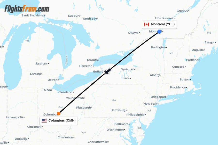 Flights from Montreal to Columbus route map